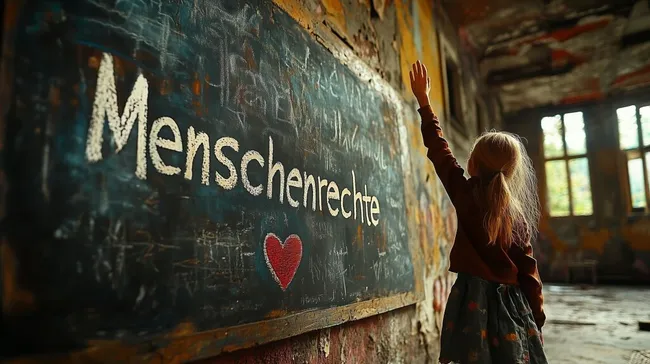 Kind hebt Hand in verlassener Schule - Konzept der Menschenrechte