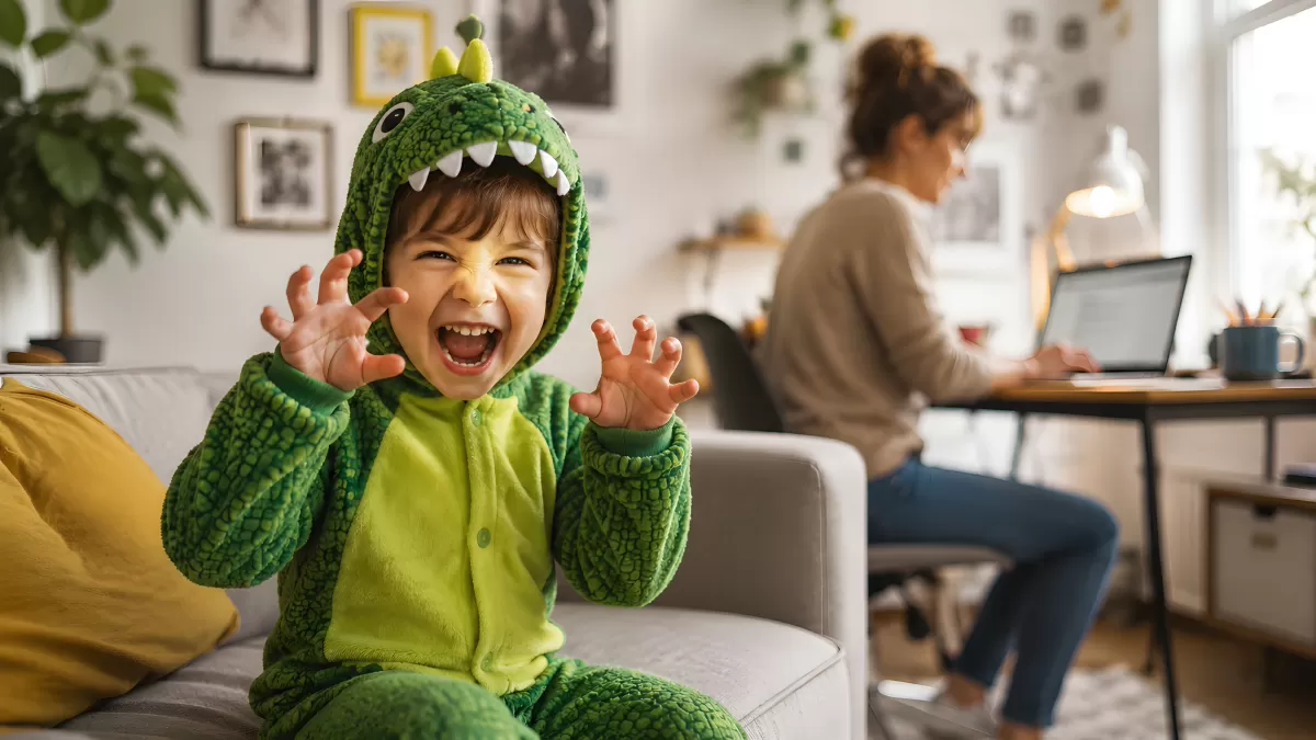 Kind im Dinosaurier-Kostüm macht Grimasse auf Sofa