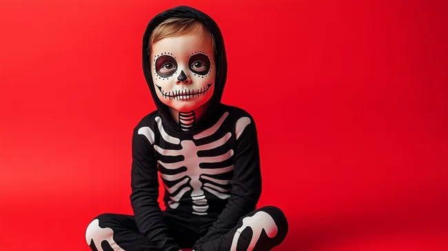 Kind im Skelett-Kostüm auf rotem Hintergrund