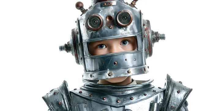 Kind in futuristischem Roboterkostüm, Blick durch Visier