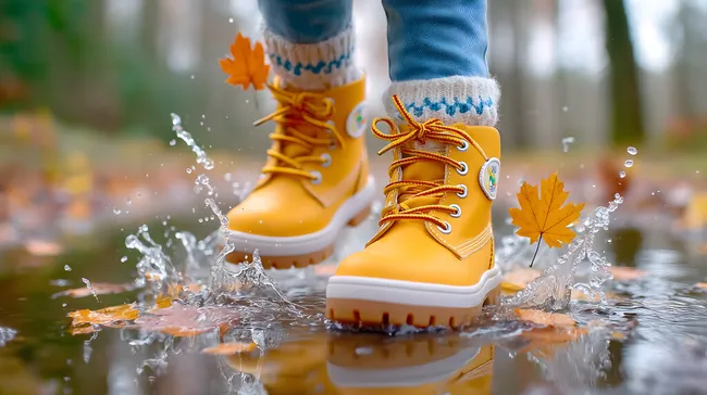 Kind in gelben Gummistiefeln springt in Herbstpfütze