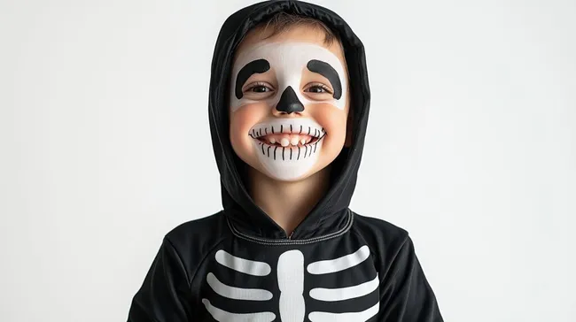 Kind in Skelettverkleidung lächelt fröhlich