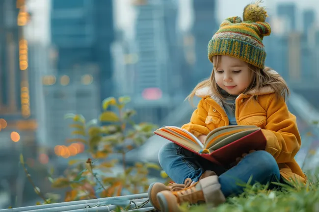 Kind liest Buch auf der Straße