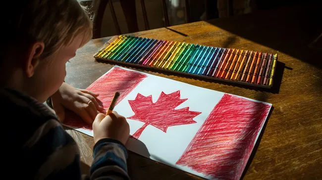 Kind malt kanadische Flagge mit Buntstiften