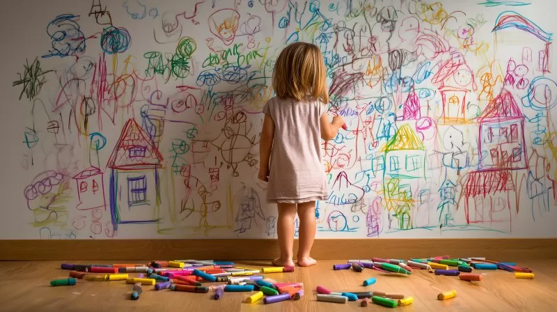 Kind malt mit Buntstiften auf weißer Wand