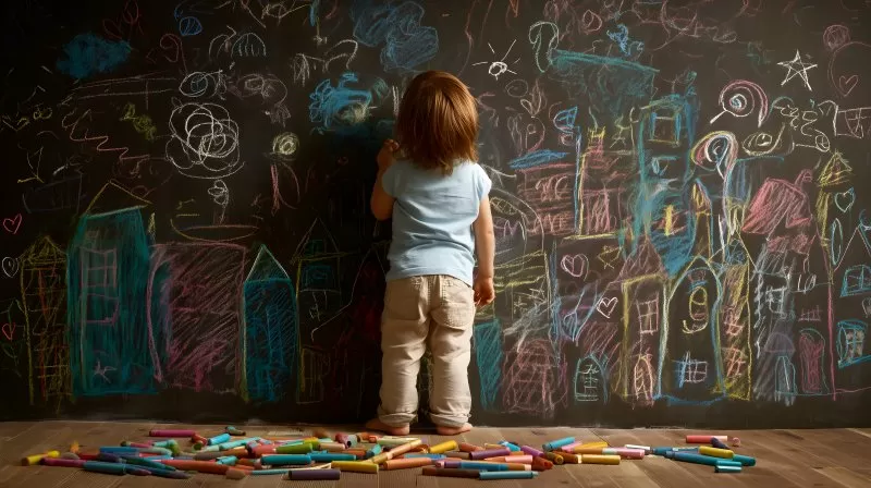 Kind malt mit Kreide auf schwarzer Tafelwand