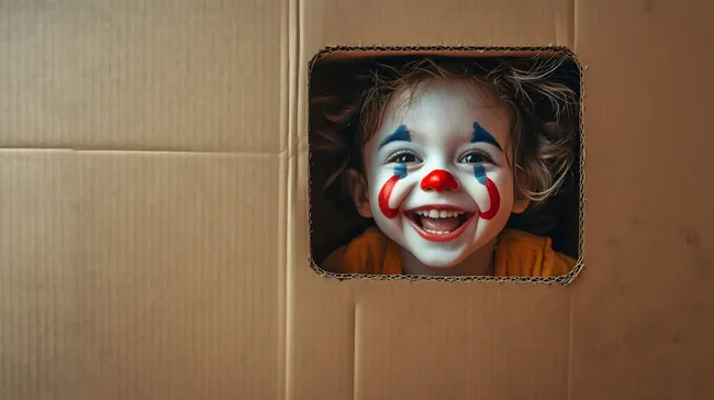 Kind mit Clownsschminke schaut lachend aus Karton hervor