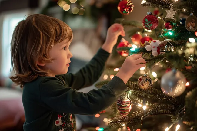Kind schmückt Weihnachtsbaum mit Christbaumkugeln