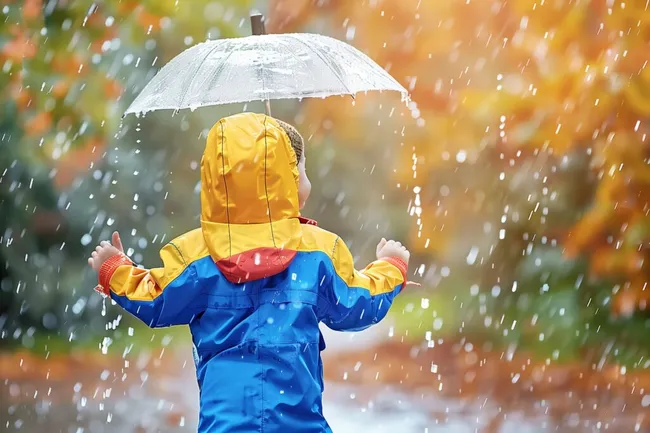 Kind spielt im Regen mit Regenschirm