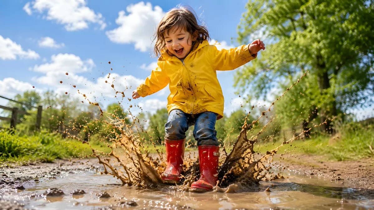 Kind springt lachend in Matschpfütze mit roten Gummistiefeln
