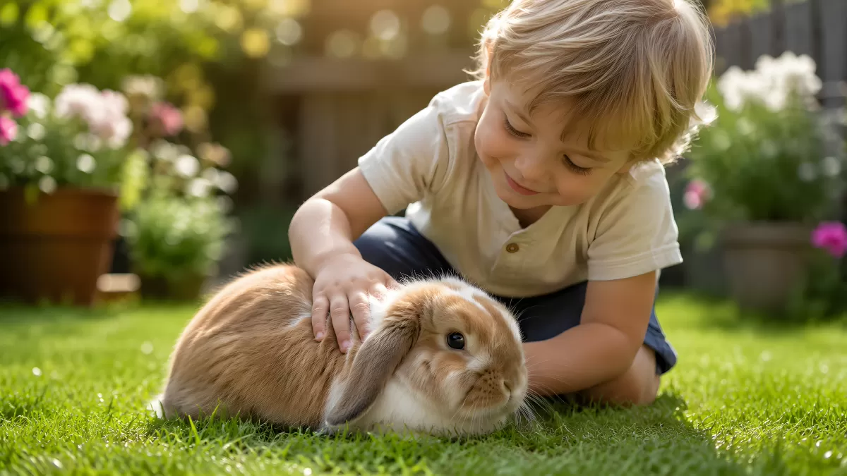 Kind streichelt sanft einen Lop-Hasen im Garten