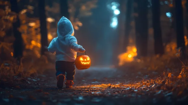 Kind trägt leuchtende Halloween-Kürbislaterne im Wald
