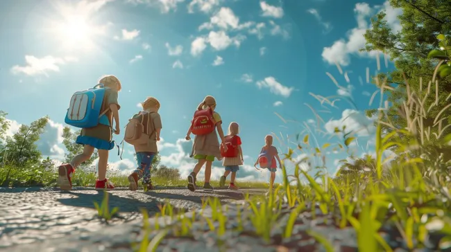 Kinder auf dem Schulweg mit Rucksäcken am Morgen