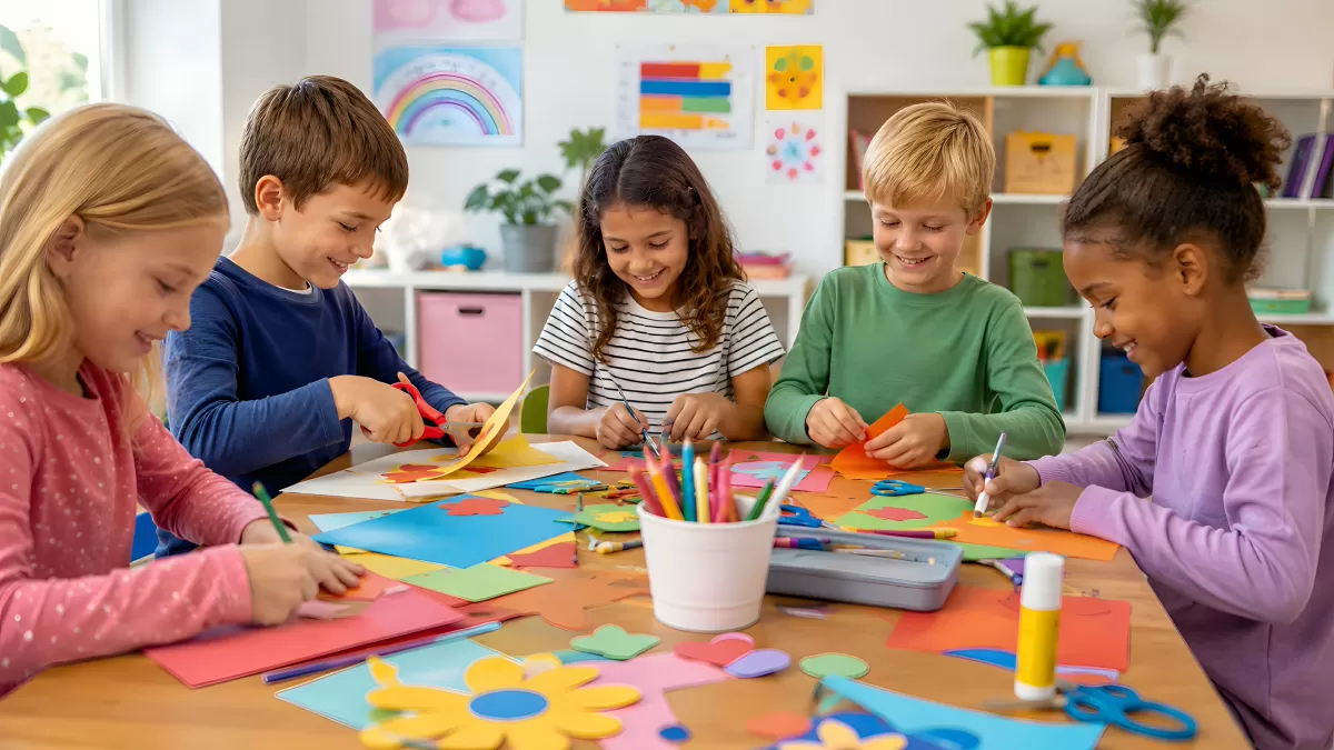 Kinder basteln gemeinsam mit buntem Papier im Klassenzimmer — Bild kostenlos herunterladen