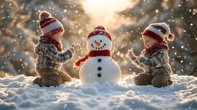 Kinder bauen einen Schneemann bei Schneefall