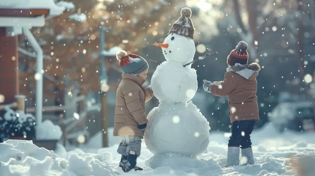 Kinder bauen einen Schneemann im verschneiten Garten
