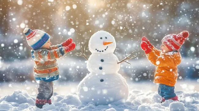 Kinder bauen fröhlich einen Schneemann im Winterwunderland
