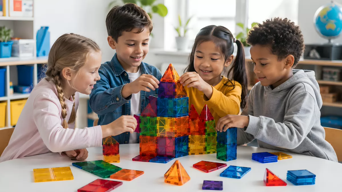 Kinder bauen gemeinsam mit Magnettiles im Klassenzimmer