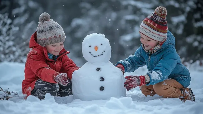 Kinder bauen Schneemann im Winter