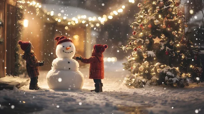 Kinder bauen Schneemann neben Weihnachtsbaum im Schnee