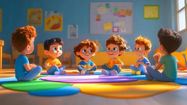 Kinder bei Gruppenaktivität im bunten Klassenzimmer