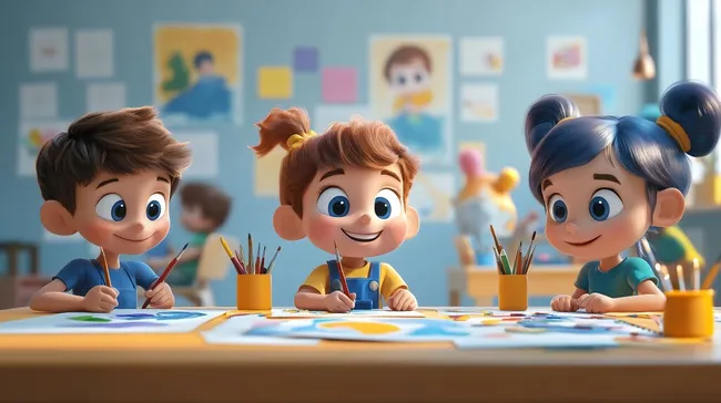 Kinder beim kreativen Malen und Zeichnen im Klassenzimmer