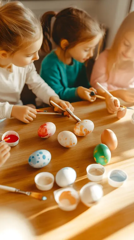 Kinder beim Ostereier-Bemalen in bunter Atmosphäre