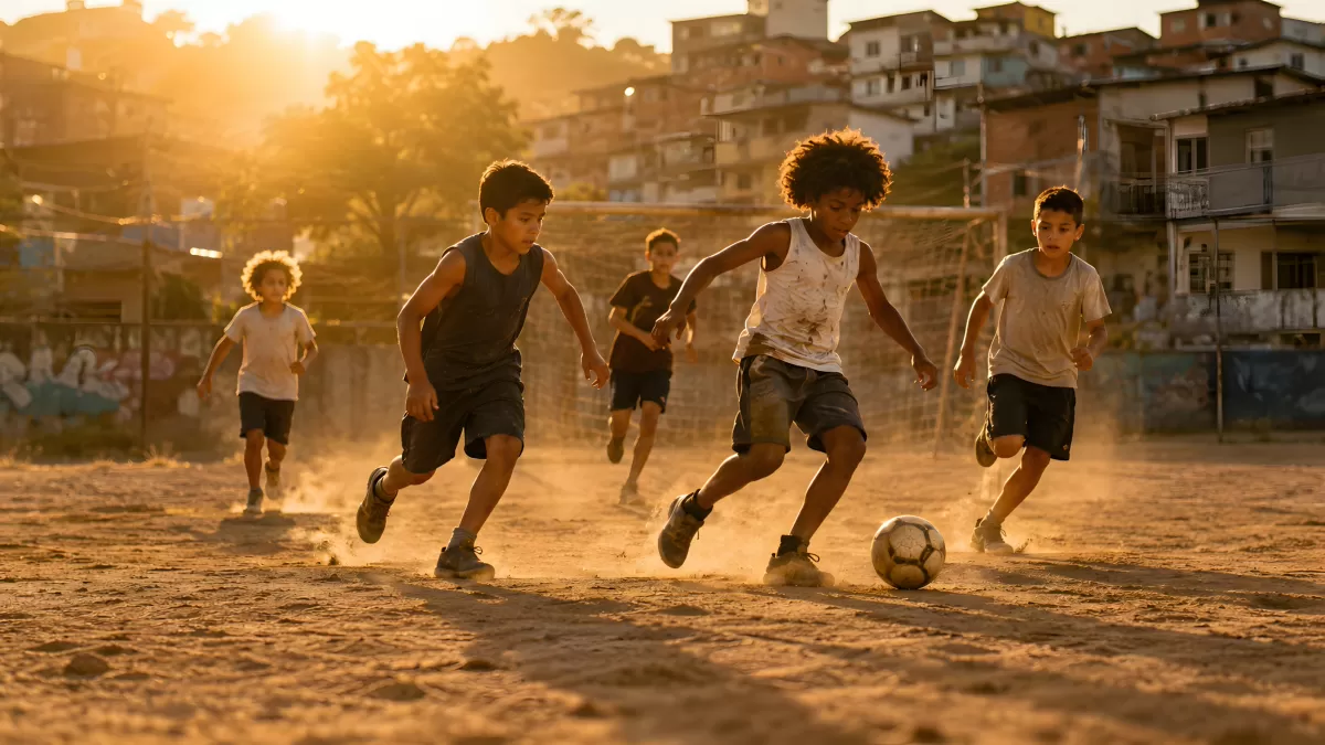 Kinder beim Straßenfußball im Sonnenuntergang