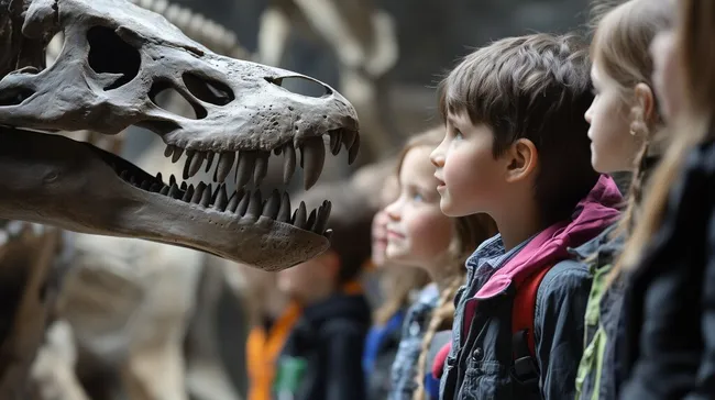 Kinder beobachten Dinosaurierskelett im Museum