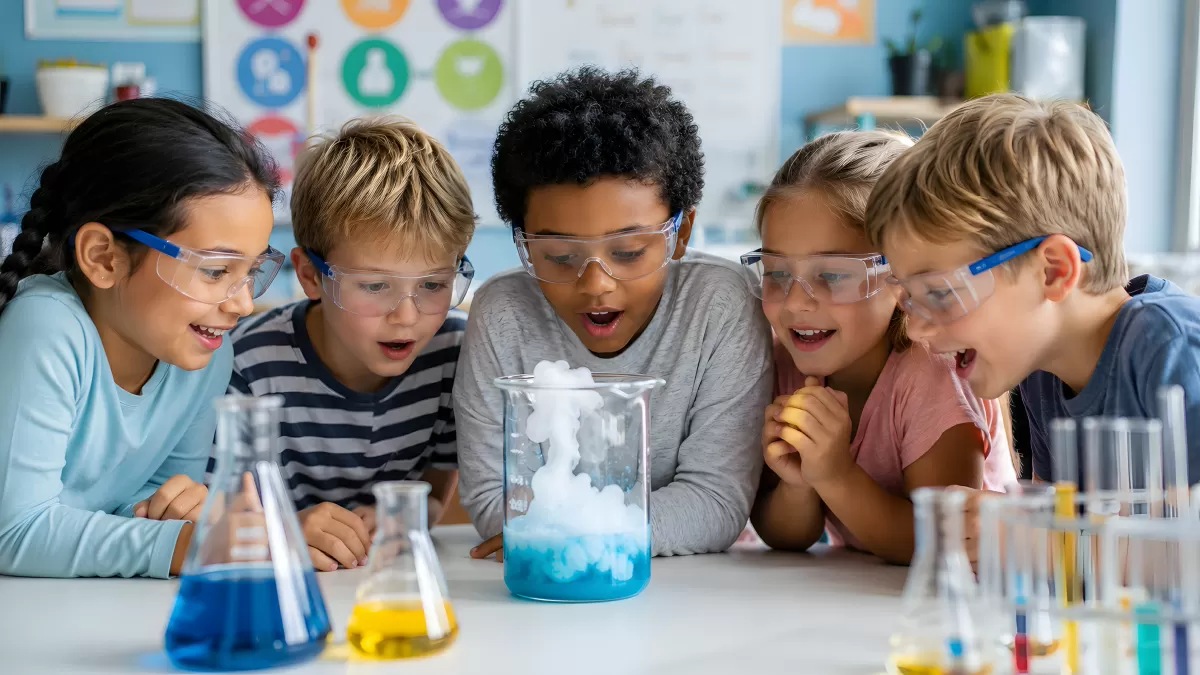 Kinder beobachten faszinierenden Chemieversuch im Labor