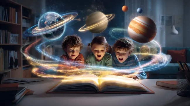 Kinder entdecken die Planeten beim Lesen eines magischen Buchs