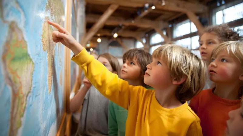 Kinder entdecken Weltkarte im Klassenzimmer