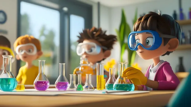 Kinder experimentieren mit bunten Chemikalien im Labor