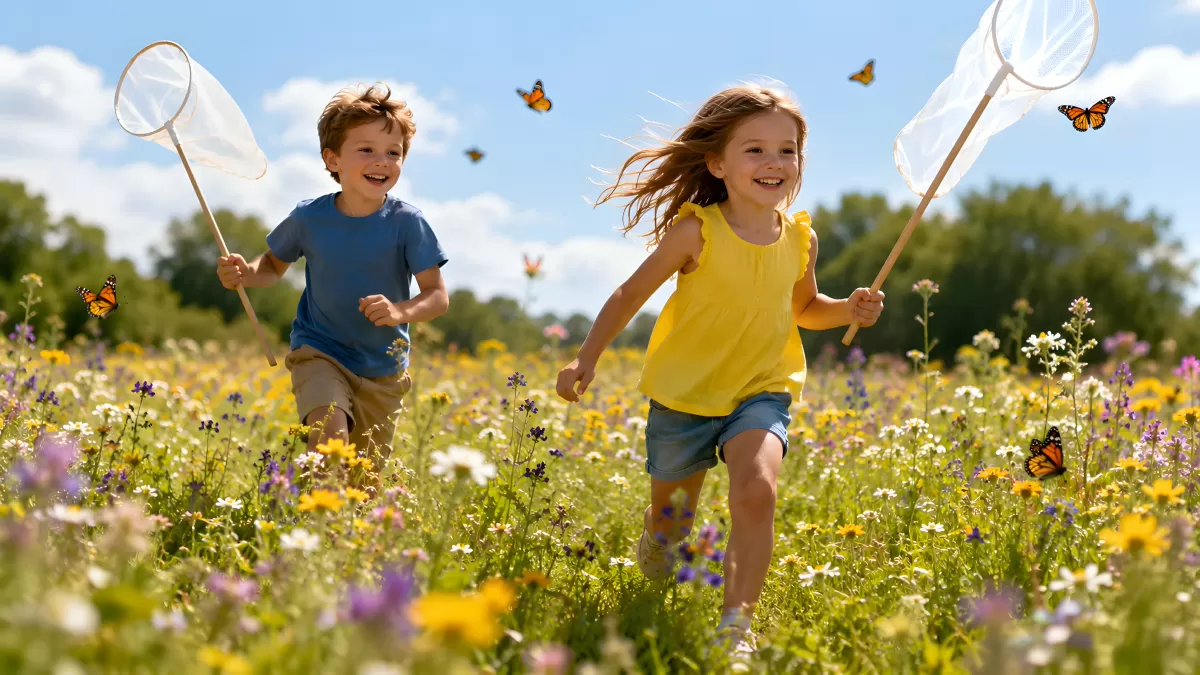 Kinder fangen Schmetterlinge auf einer Blumenwiese