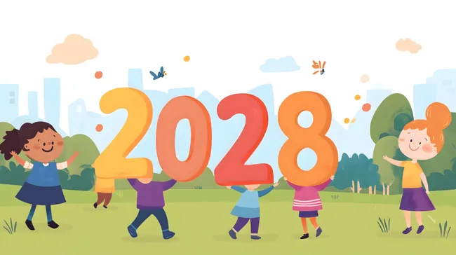Kinder feiern das neue Jahr 2028 mit großen Zahlen