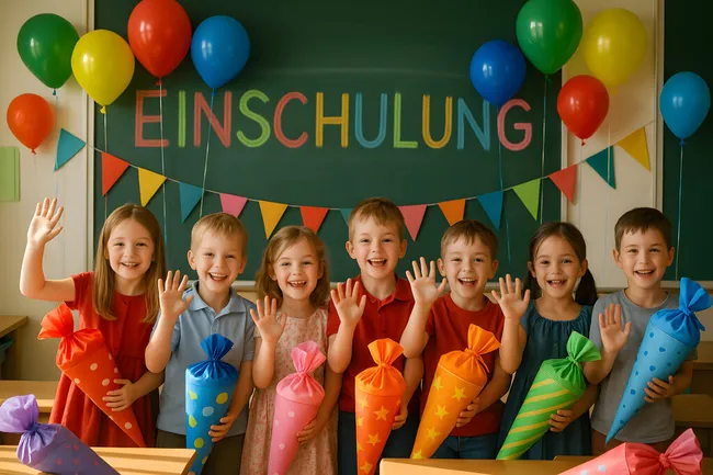 Kinder feiern Einschulung mit bunten Schultüten und Luftballons