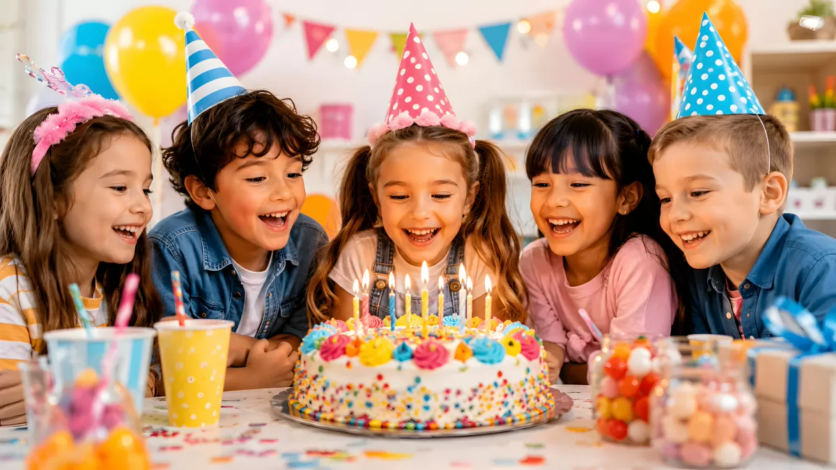 Kinder feiern fröhlich Geburtstag mit Torte