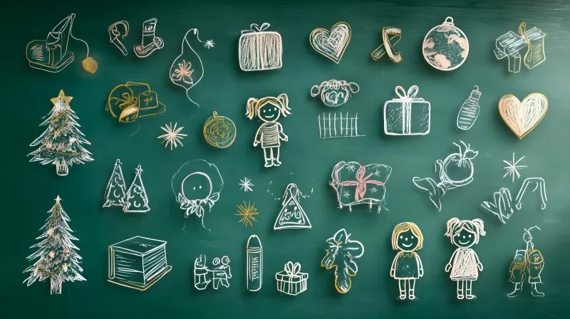 Kinder Ferienprogramm Symbole auf grüner Schultafel