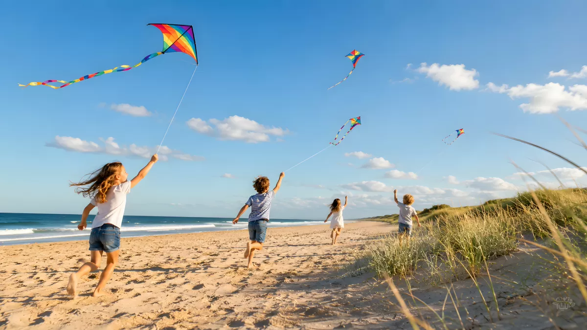 Kinder fliegen bunte Drachen am Sandstrand im Sommer