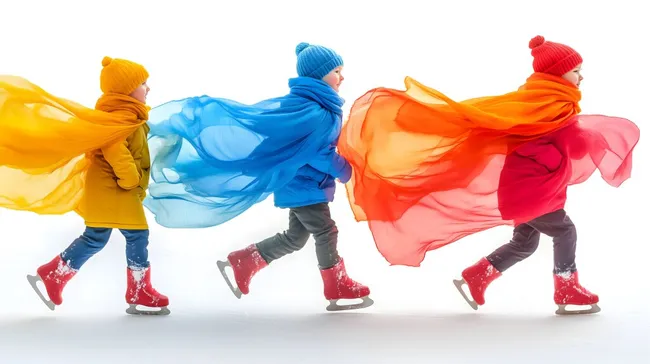 Kinder genießen bunte Winterfreude auf Schlittschuhen