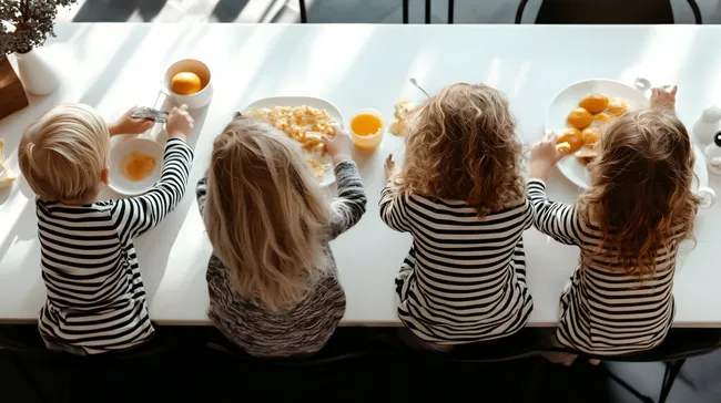 Kinder geniessen gesundes Frühstück am Tisch