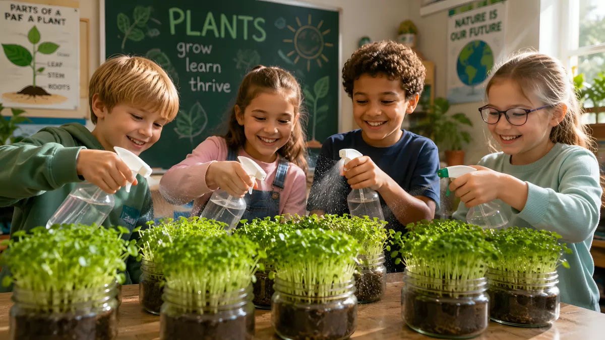 Kinder gießen Keimlinge im Biologieunterricht