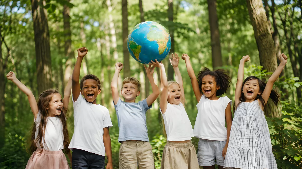 Kinder halten Globus im Wald und jubeln