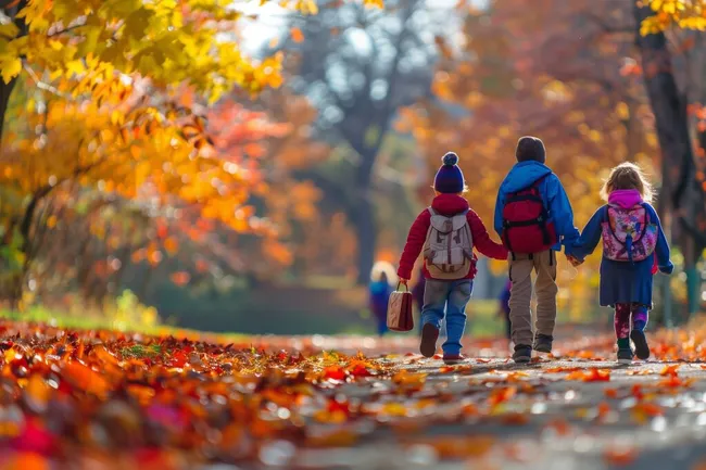 Kinder im Herbstwald auf dem Weg zur Schule