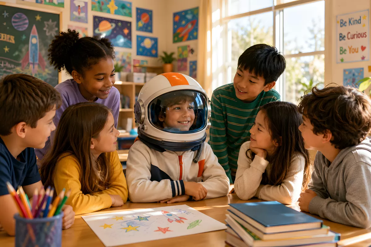 Kinder im Klassenzimmer bewundern Mitschüler im Astronautenhelm