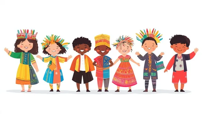 Kinder in bunter traditioneller Tracht feiern internationalen Tag kostenlos herunterladen