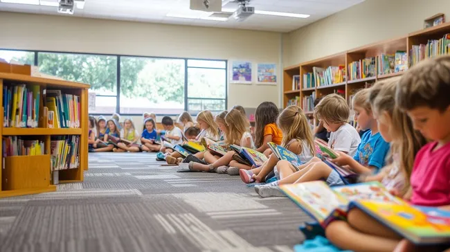 Kinder in einer modernen Schulbibliothek beim Lesen