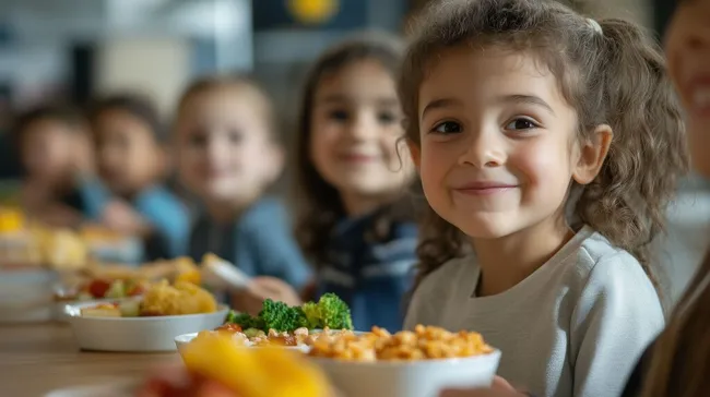 Kinder in Schulkantine genießen gesundes Mittagessen