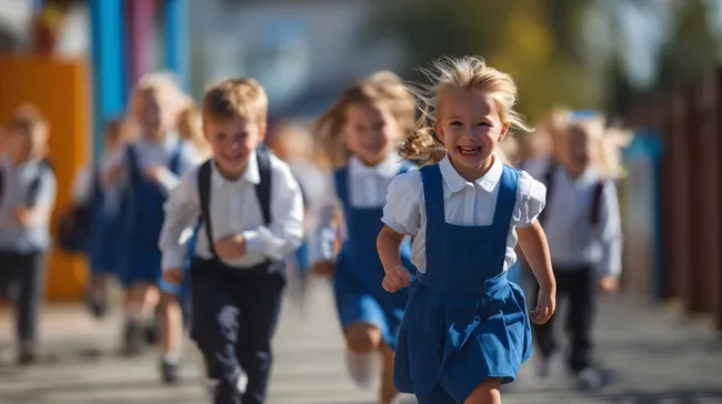 Kinder in Schuluniform freudig zur Schule laufend