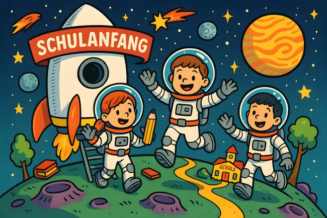 Kinder in Weltraum-Abenteuern, Rakete und Planeten